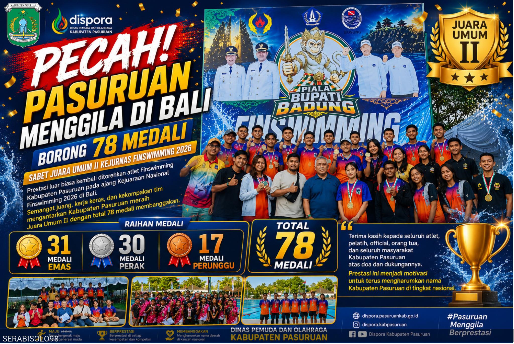 PECAH!  PASURUAN MENGGILA DI BALI, BORONG 78 MEDALI DAN SABET JUARA UMUM II KEJURNAS FINSWIMMING 2026